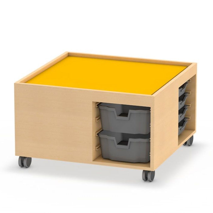 Möble für Kitas Spieltisch Konstruktionstisch zum Basteln und Bauen Einschübe für CS-Boxen, Rollen, Linoleumspielfeld
