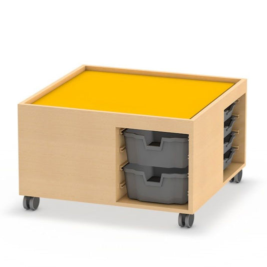Möble für Kitas Spieltisch Konstruktionstisch zum Basteln und Bauen Einschübe für CS-Boxen, Rollen, Linoleumspielfeld