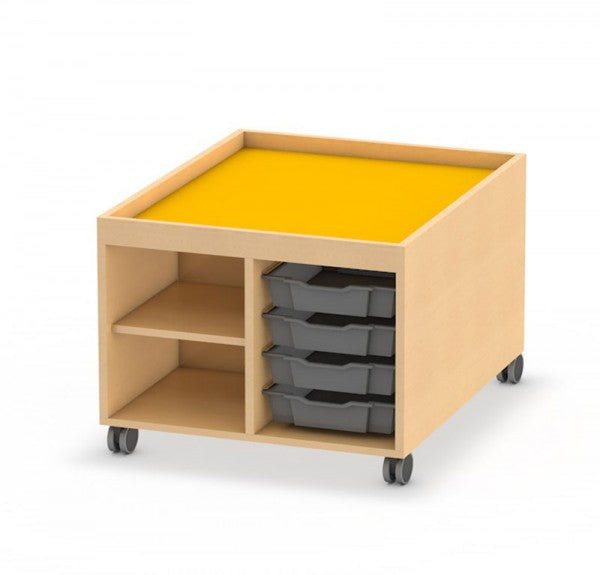 Möble für Kitas Spieltisch Konstruktionstisch zum Basteln und Bauen Einschübe für CS-Boxen, Rollen, Linoleumspielfeld