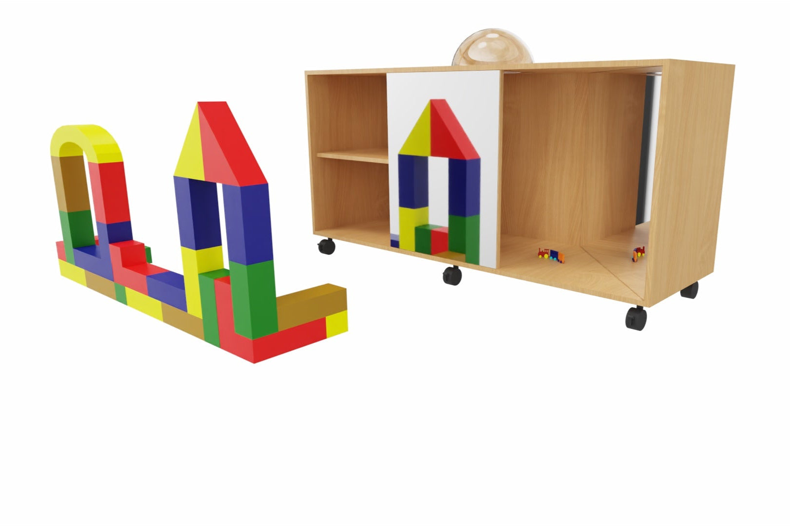 Kita Möbel Entdeckerschrank aus Holz Buche Dekor mit 2 Sicherheitsspiegeln und Halbkugel aus Plexiglas