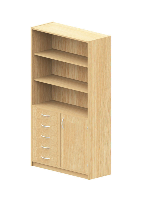 Kindergarten Möbel Hochschrank aus Holz Dekor Buche mit Einlegeböden Schubfächern und einer Tür